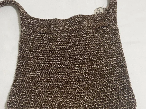 The Sak Brown Crochet Knit Drawstring Shoulder Bag Boho Slouch Hobo Purse - Image 8