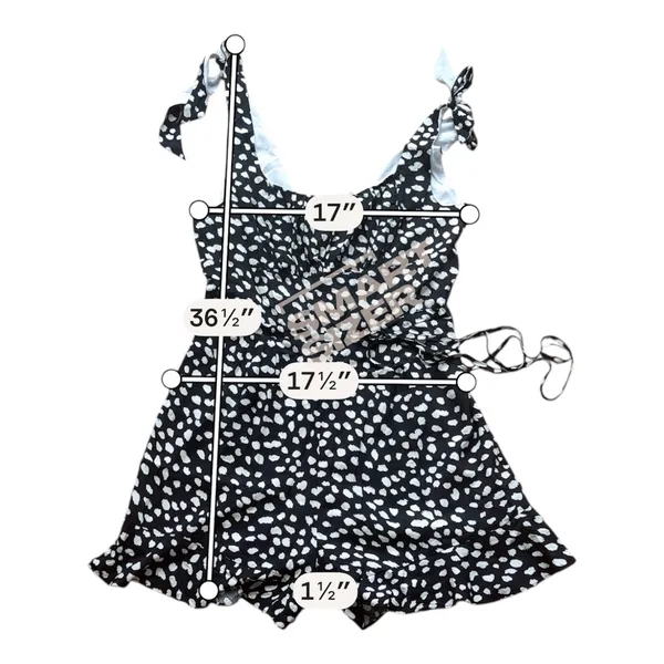 Black White Polka Dot Romper Tie Shoulder Ruffle Hem Sleeveless Sunsuit S - Image 4