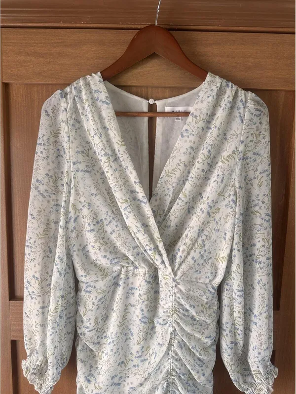 MABLE Ruffle Ivory / Blue Floral Puff Sleeve Rouched Mini Dress Women’s Small - Image 4