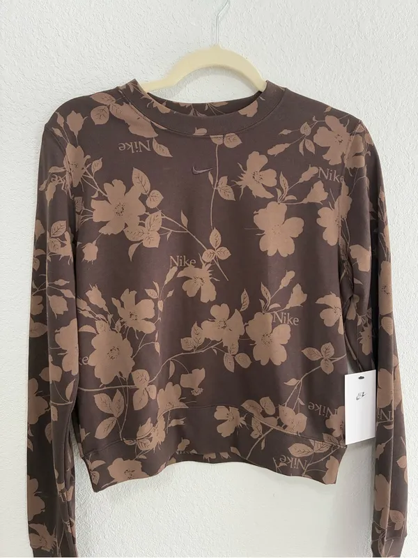 Nike Brown Floral Cropped Crewneck Sweatshirt - Image 2
