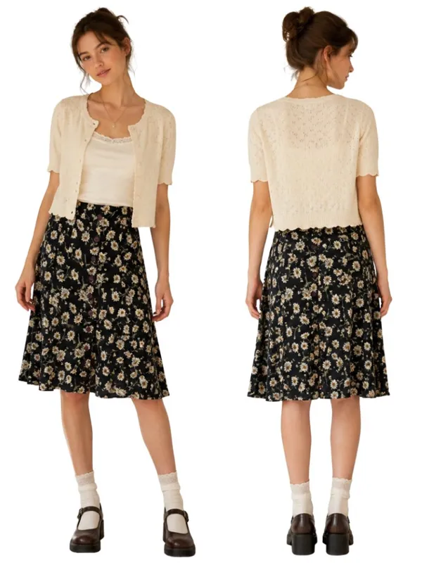 Vintage Express Floral A-Line Button Front Skirt Womens Medium Black Cottagecore - Image 2