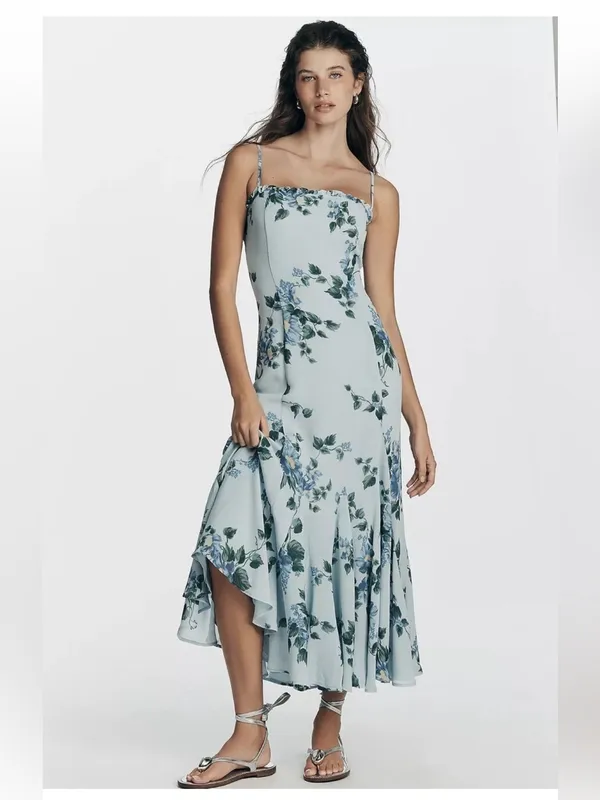 Reformation Lilibet ruffle hem midi dress in blue floral Fresh Air print NEW - Image 3