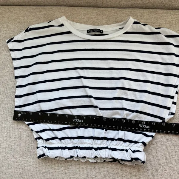 Zara Striped Elastic Hem Crop Top Small Cap Sleeve Nautical Coastal‎ Chic Preppy - Image 4