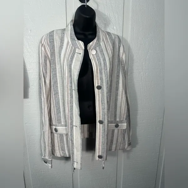 Jones New York Linen Gray Blue Stripes Lightweight JACKET/Blazer SIZE XL EUC - Image 2