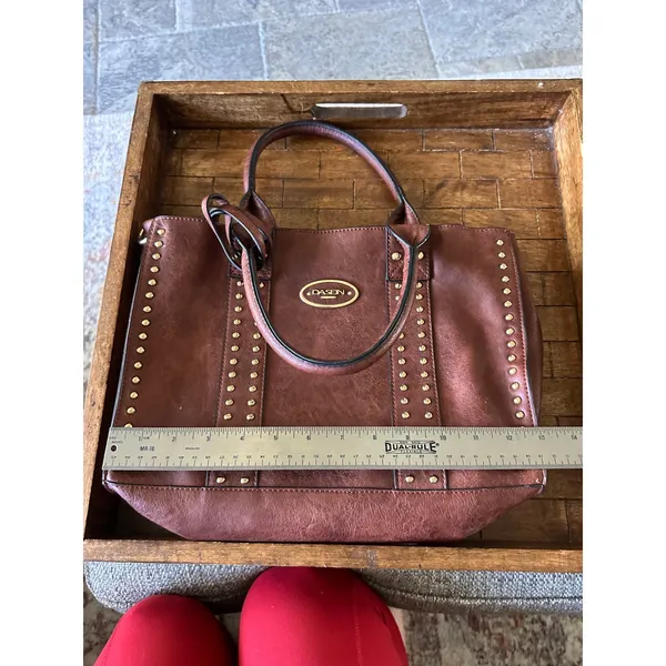 Dasein Brown Vegan Leather Studded Tote Bag Satchel with Matching Pouch Gold EUC - Image 10