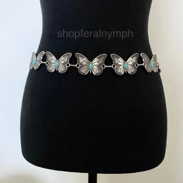 Silver Turquoise Butterfly Whimsygoth Chain Belt, Fits 23-38 Inches, X7GA1253 - Image 2
