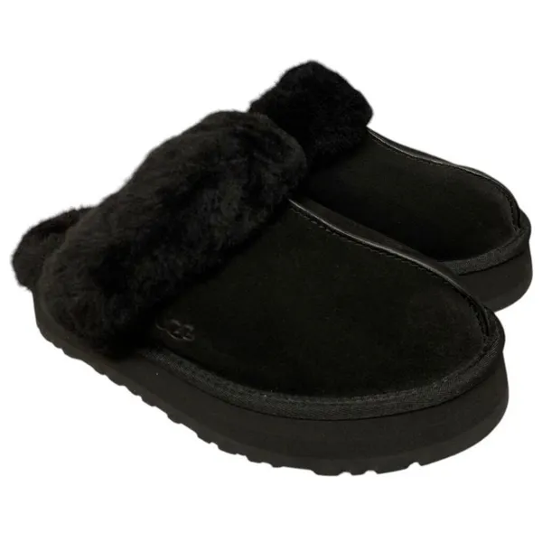 UGG Disquette Black Suede Platform Sheepskin Slippers Womens 9 - Image 2