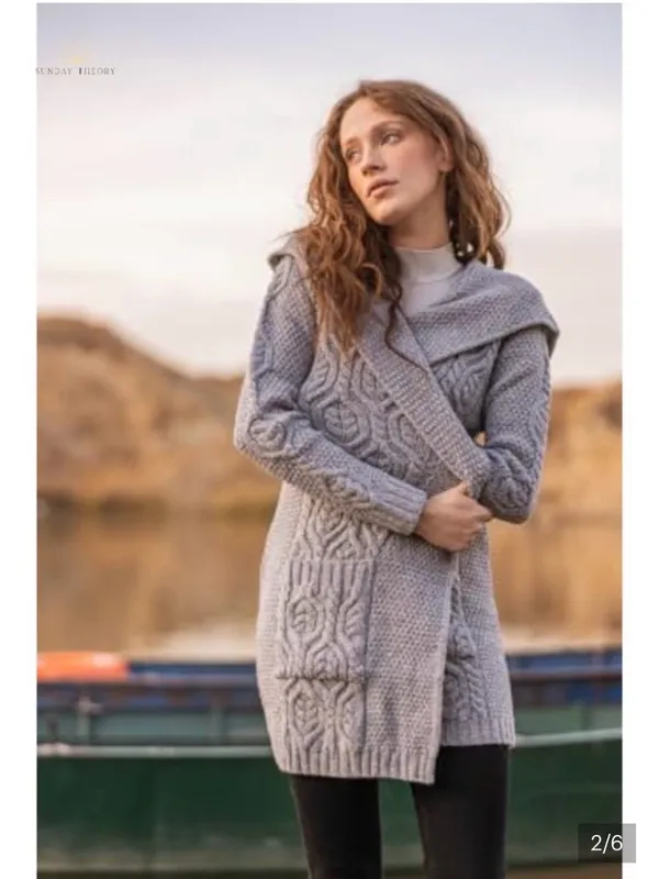 SAOL 100% Merino Wool Women's Aran Open Front Long Cardigan Sweater Irish Cable - Image 2