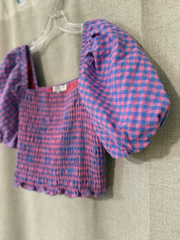 Endless Rose Gingham Smocked Puff Sleeve Crop Top | S - Image 3