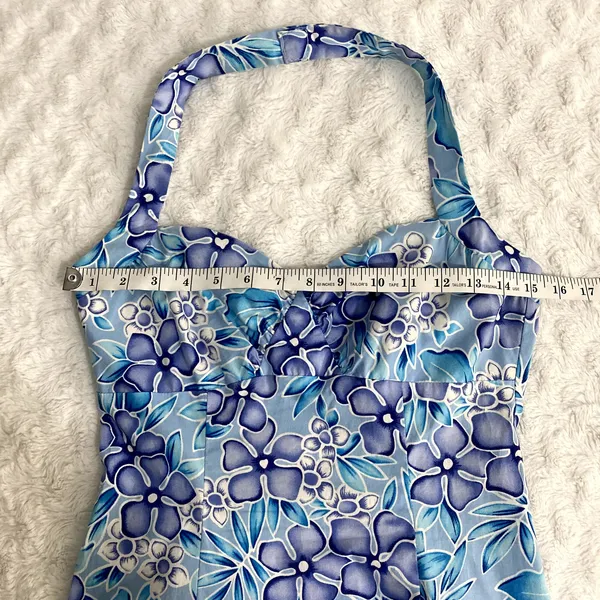 Vintage City Triangles Blue Floral Hawaiian Y2K 90s Coconut Girl Halter Dress 10 - Image 7