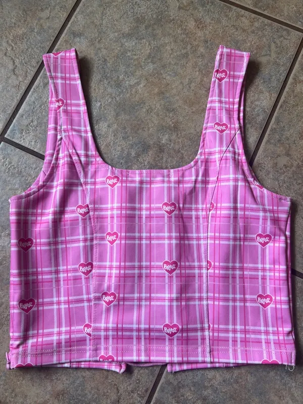 Dolls Kill Pink Plaid Lace-Up Crop Top with Bratz Heart Print - Image 9