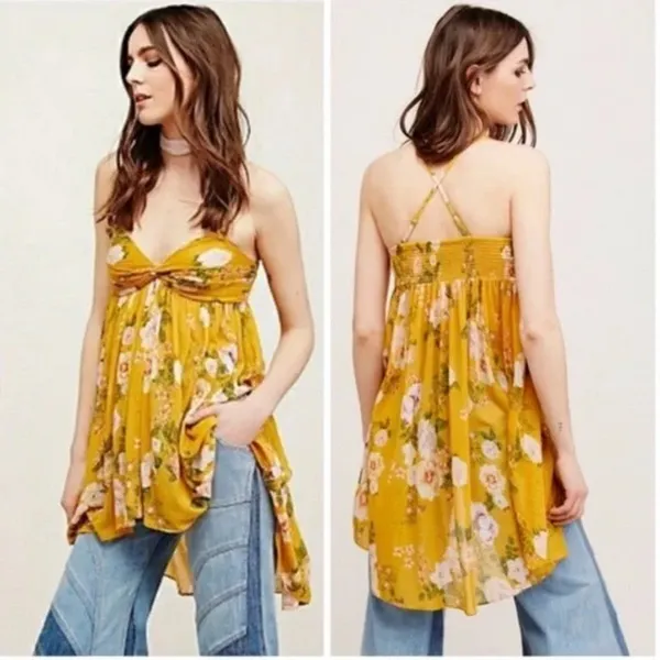 FREE PEOPLE Mirage Convertible Tunic Tank Top Dress Hi Low Yellow Floral Boho - Image 2