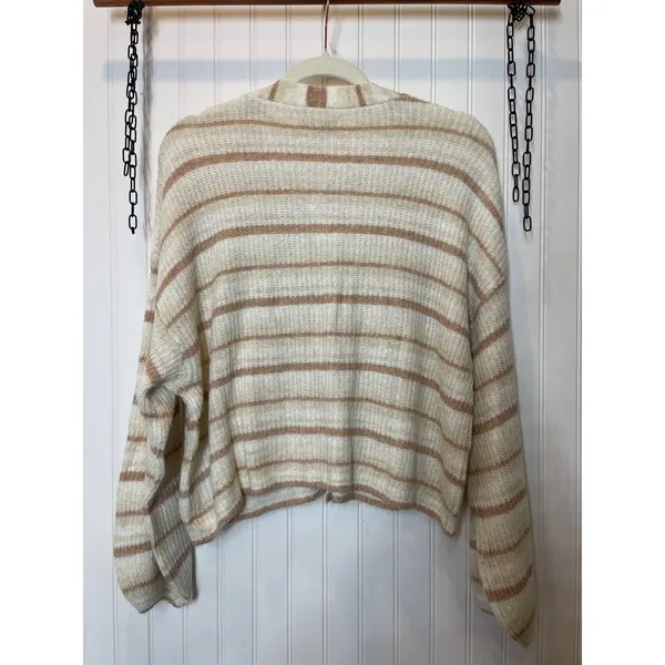 NWT American Eagle Striped V-Neck Cardigan Sweater Beige Tan Size M - Image 2