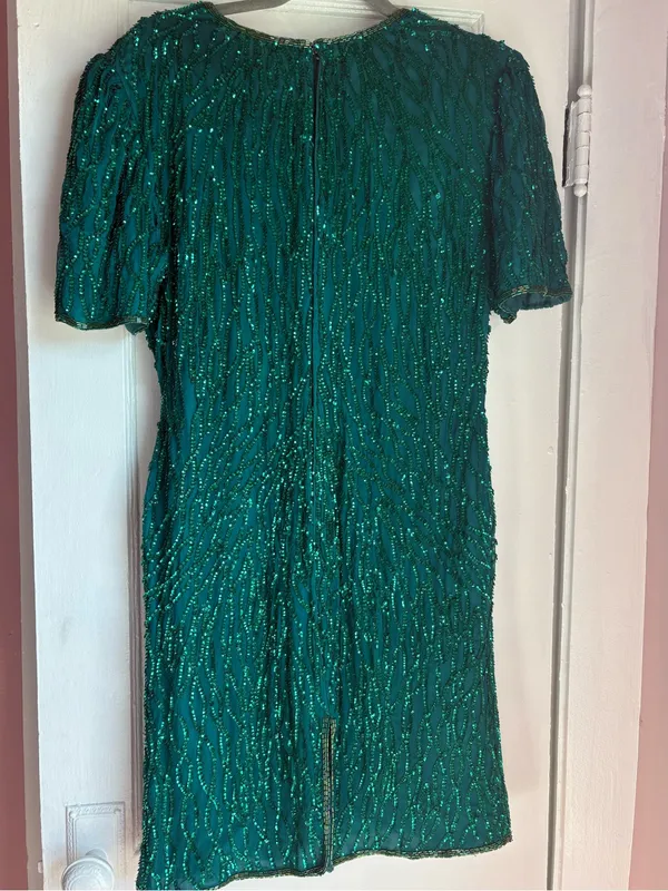 Vintage Laurence Kazar Emerald Green Silk Beaded Sequin Cocktail Dress Large - Image 5