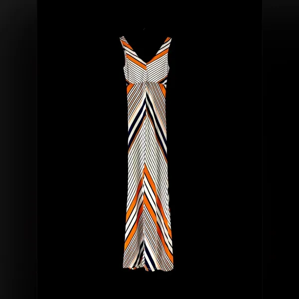 Windsor White Maxi Dress with Orange & Navy Stripes Sz S - Image 3