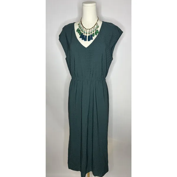 J.Crew‎ Teal Textured Perforated Midi Dress Elastic Waist Size 10 - Image 8