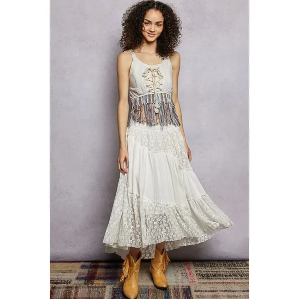 POL‎ Lace-Up Fringe Hem Tank with Lace Detail - Large - Image 5