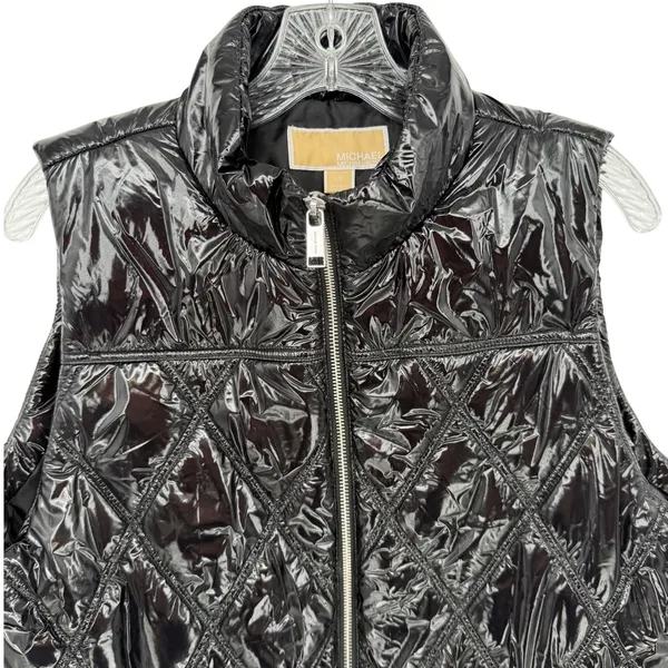 Michael Kors Quilted Puffer Vest Women Large Black Shiny Streetwear Luxe Winter - Image 4