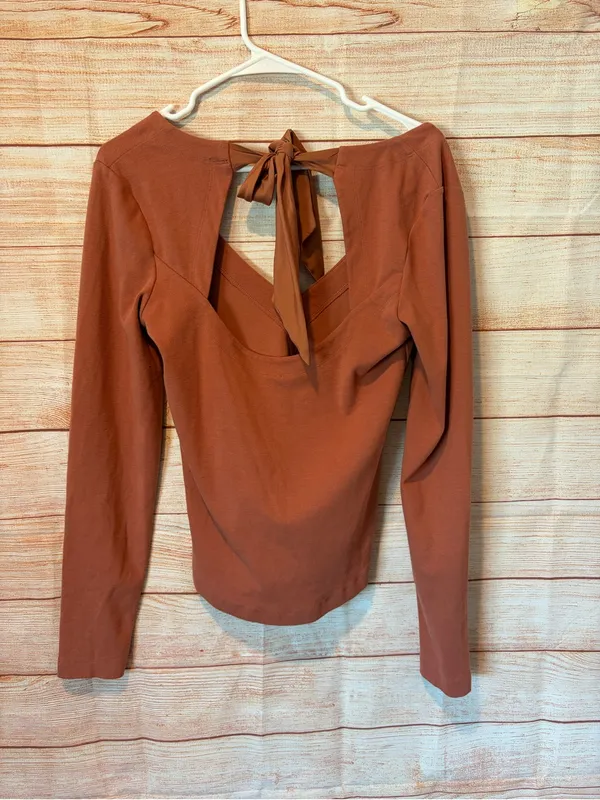 Free People Rust Long Sleeve V-Neck Top with Back Tie adorable - Image 3