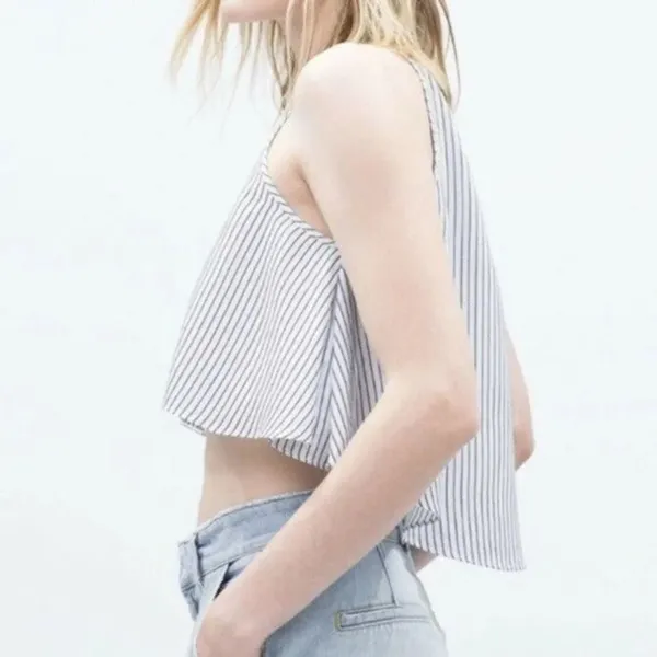 ZARA‎ BASIC Blue Striped Flowy Crop Top Halter Neck Small - Image 2