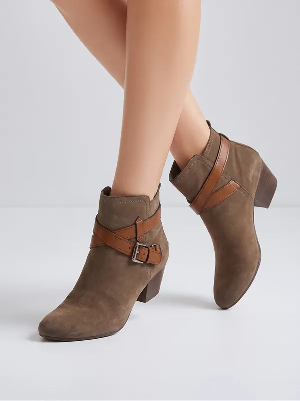 COACH Pauline Taupe Gray nubuck suede Ankle Boots with Brown Leather Strap 8.5 - Image 2