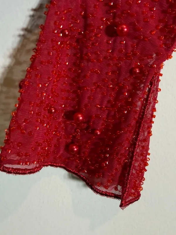 Oh Polly St. Germain Embellished Long Sleeve Mini Dress Women's 6 Red Pearls - Image 9