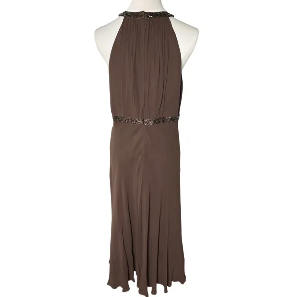 Jones New York Brown Silk Beaded Halter Maxi Dress Formal Evening Size 14 - Image 3