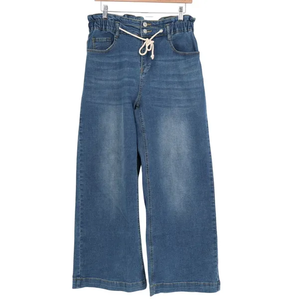 Jeans Womens L Blue Denim Cotton Stretch Mid Rise Drawstring High Waist Wide Leg - Image 2