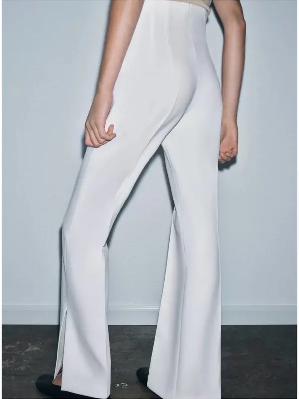 Zara High-Waist Pressed Pleated White Cream Wide-Leg Side Vents Pants Sz XS - Image 3