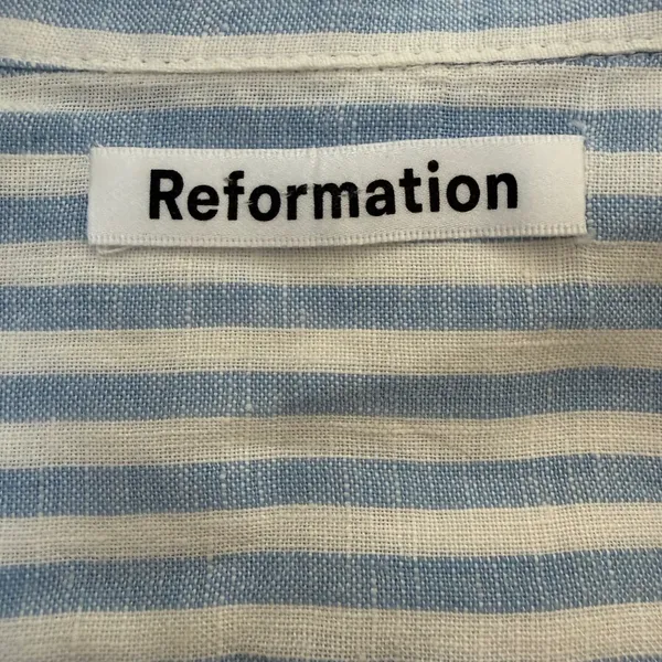 Reformation Blue White Striped Linen Tie Front Button Down Shirt Large - Image 4