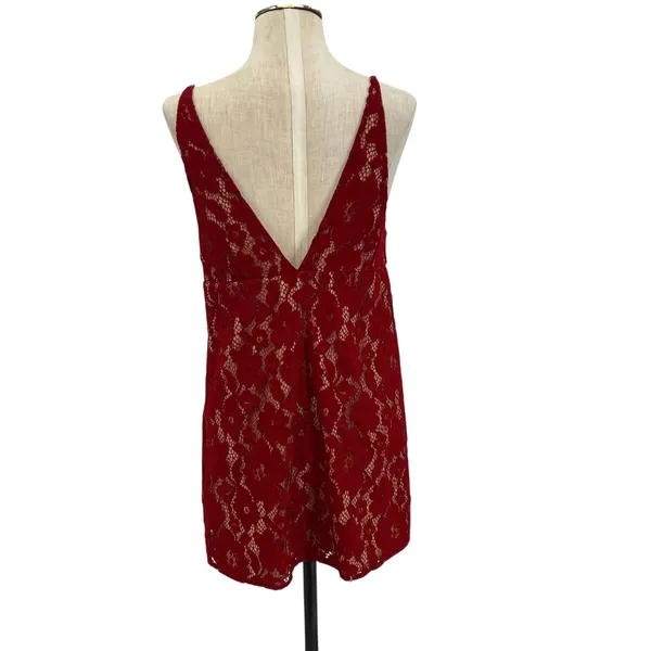 Free People Dangerous Love Lace Mini‎ Dress Red V Neck Low Back US 4 - Image 9