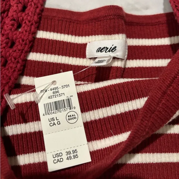 Aerie Red Ivory Striped Crochet Strap Knit Tank Top Size Large NWT Coastal Y2K - Image 4