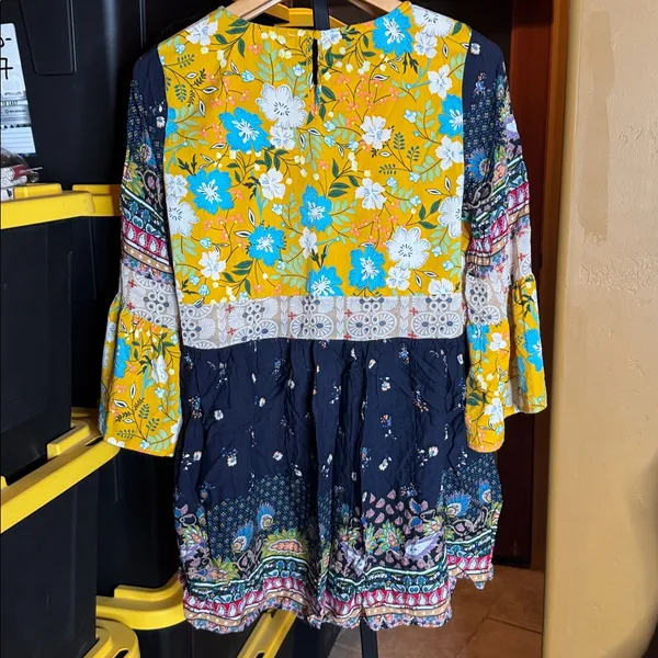 Umgee Yellow Floral Boho Patchwork Mini Dress Size Medium - Image 7