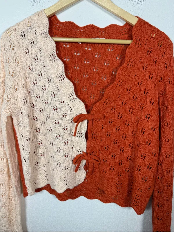 All In Favor Colorblock Pointelle Knit Tie Front Cardigan Cream Rust Medium - Image 5
