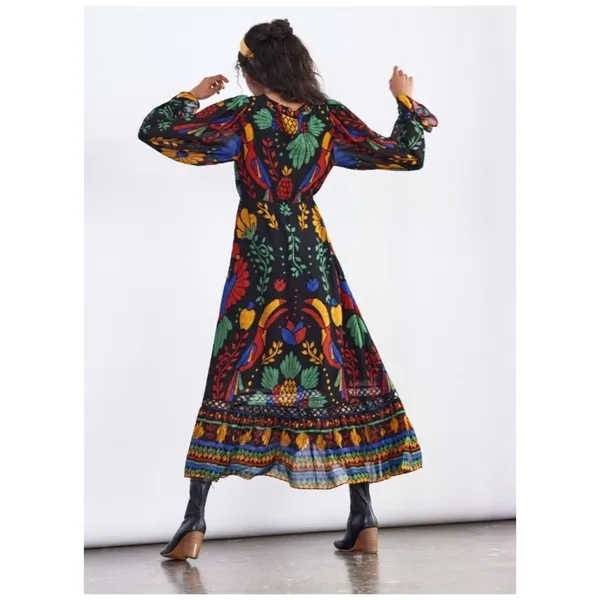 Farm Rio Black Tropical Toucan Floral V-Neck Maxi Dress XS Long Puff Sleeve Boho - Image 14