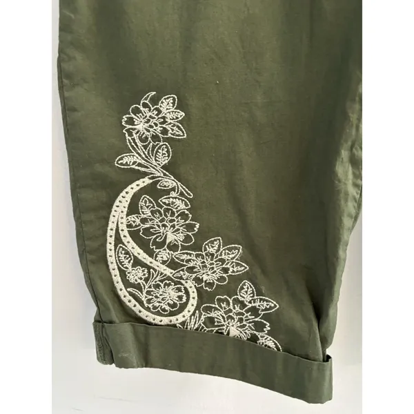 Palm Rio Womens Olive Green Floral Embroidered Cropped Jogger Pants Size M - Image 10