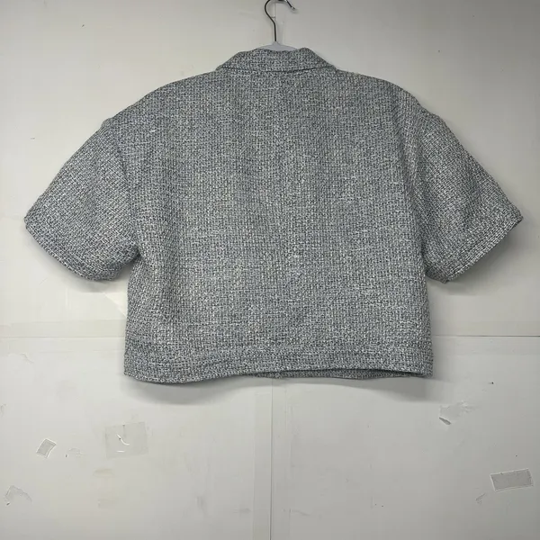 LOFT Womens Large Gray Tweed Cropped Jacket Short Sleeve Button Front - Image 8