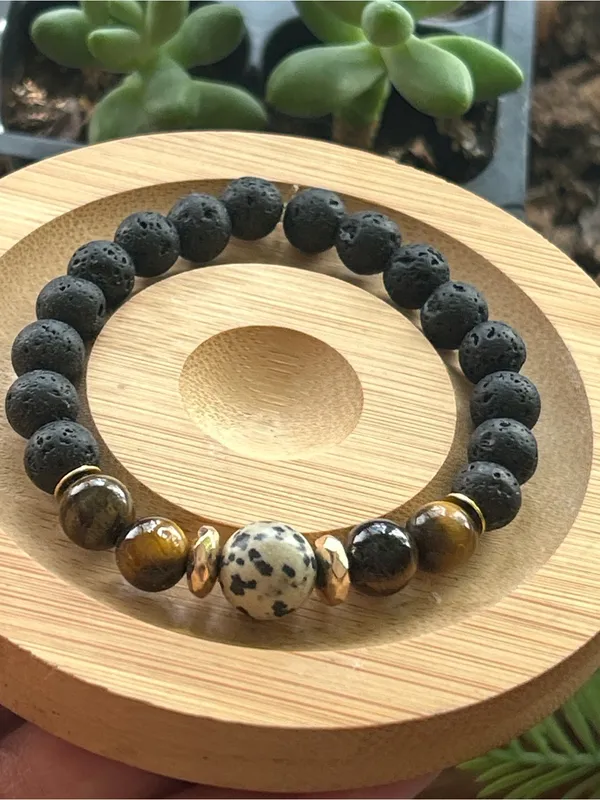 Black Lava Bead Bracelet with Dalmatian Jasper and Tiger Eye Accents - Image 2