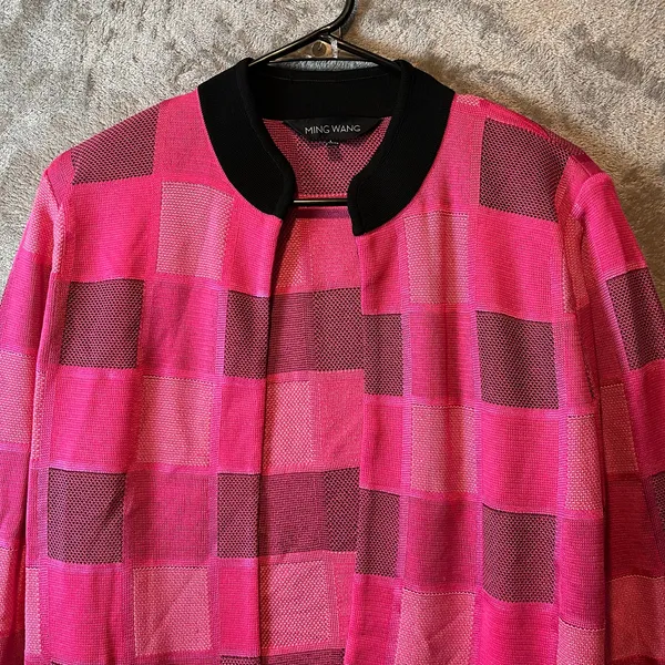 Ming Wang Hot Pink Black Color Checkered Cardigan‎ Jacket Womens Size Large - Image 2