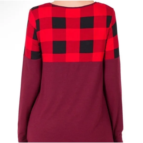 Zenana Women’s Red Black Buffalo Plaid Colorblock Long Sleeve Top Burgundy Tunic - Image 3