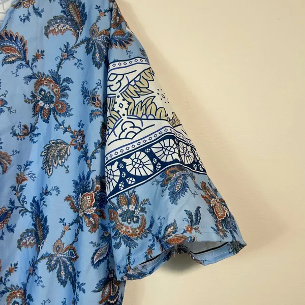 Blue Paisley Floral Bohemian Maxi Dress V-Neck Elastic Waist Short Sleeve - Image 6