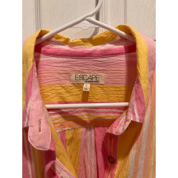 Escape by Habitat Clothes Pink Yellow Striped Seersucker Button‎ Up Shirt Large - Image 2