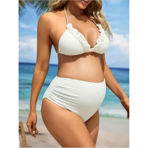 Maternity 3 Piece Swimsuit Textured Ruffle Halter Bikini Set w/ Skirt LARGE - Image 3