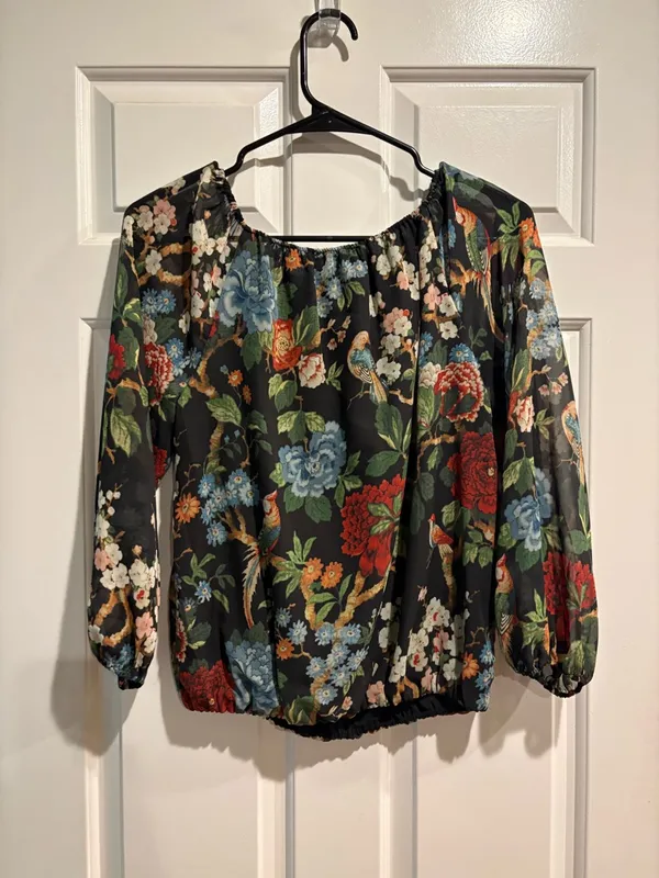 Alice + Olivia Alta Peasant Blouse top black floral birds sz S romance boho - Image 3