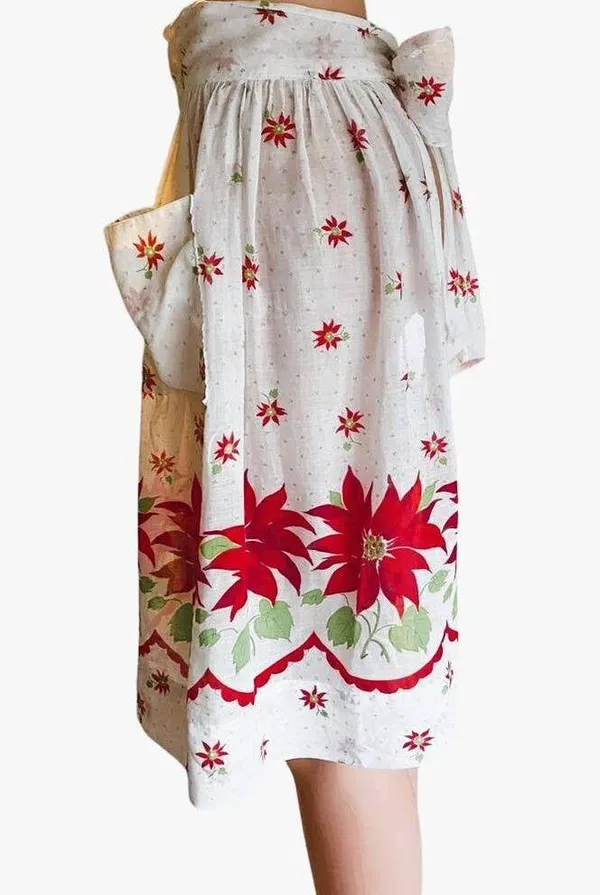 Vintage Christmas Kitschy Poinsettia Retro Holiday Apron with Pockets - Image 4