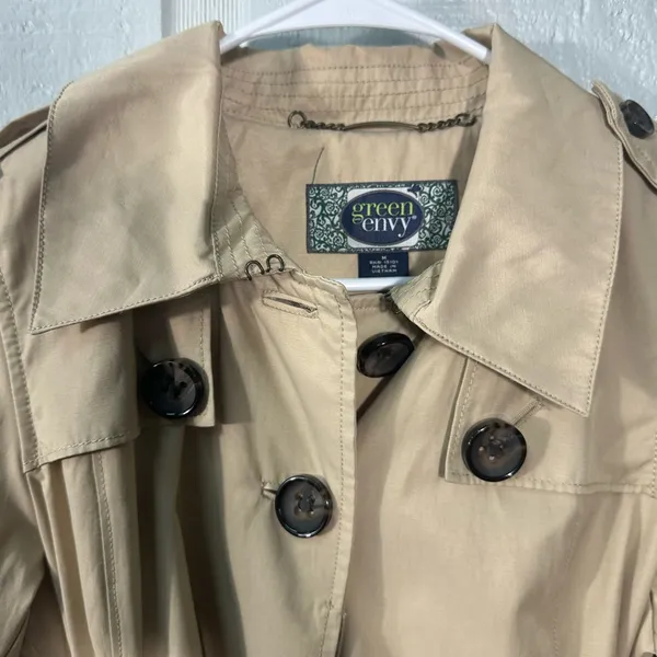 Green Envy Khaki Belted Trench Coat Size Medium EUC - Image 5