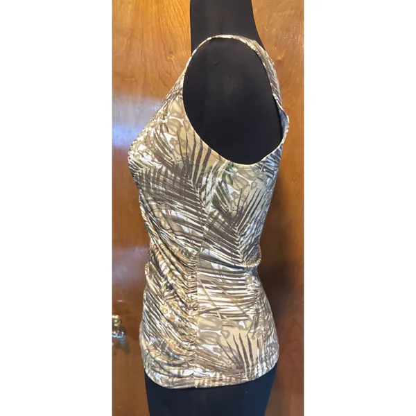 Cache Faux Wrap Textured Gold Metallic Bamboo Print Stretch Ruched Side Top Sz S - Image 5