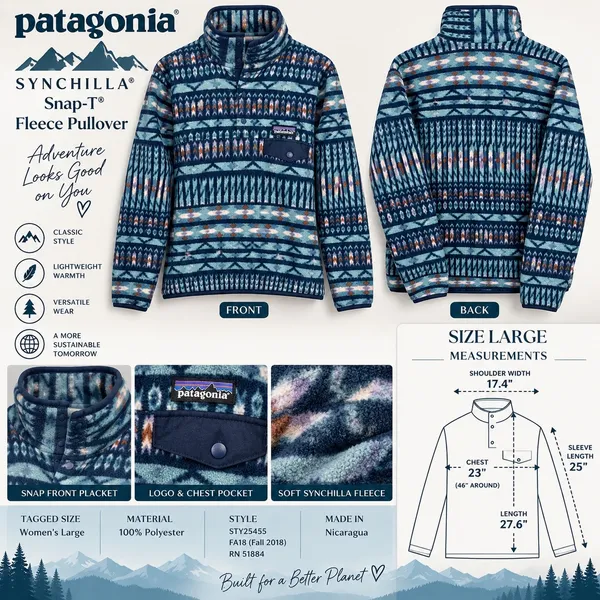 Patagonia Fleece Pullover Synchilla Snap-T Women L Blue Geometric Aztec Pocket - Image 14