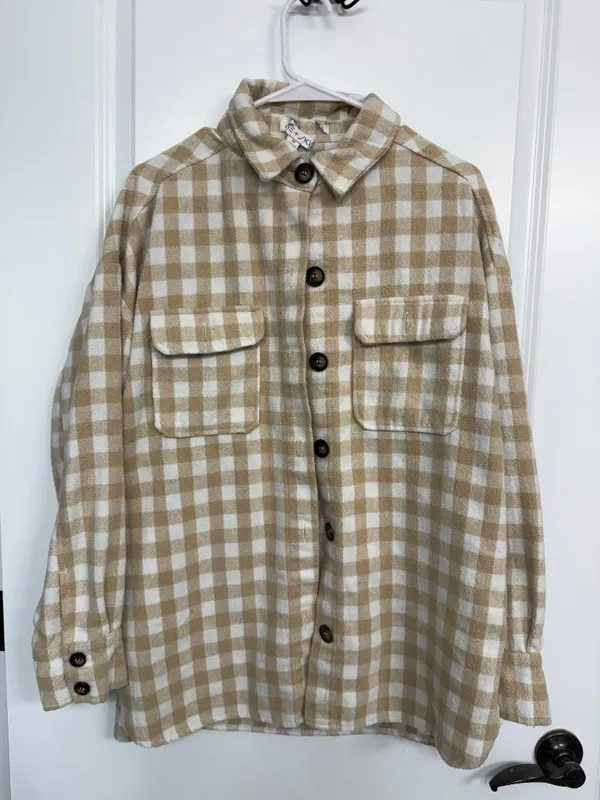 She + Sky Tan Cream Plaid Wool-Blend Shacket Size M - Image 3