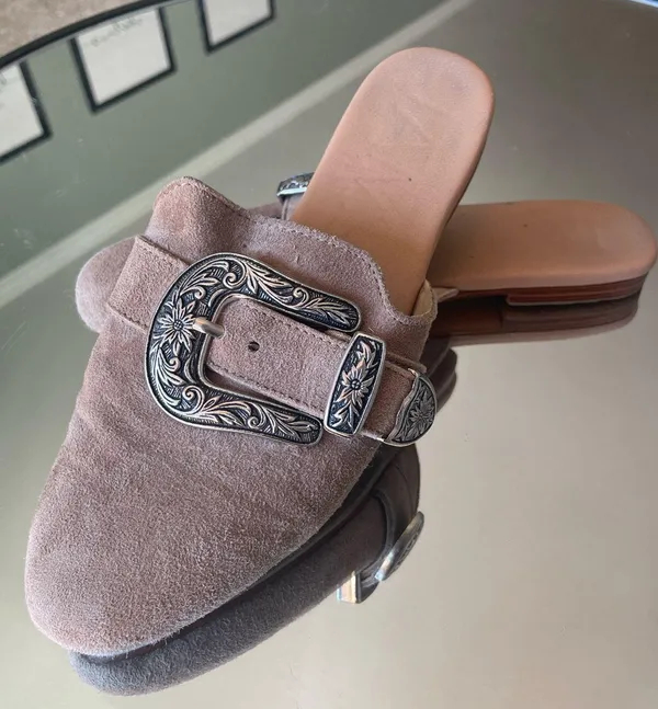 Free People Beige Champagne Suede Western Silver Buckle Slides - Image 6